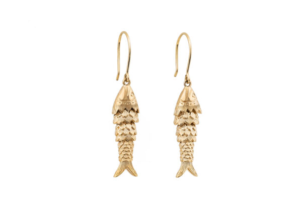 fish earrings made out of 14k gold-filled with round hook and articulated body