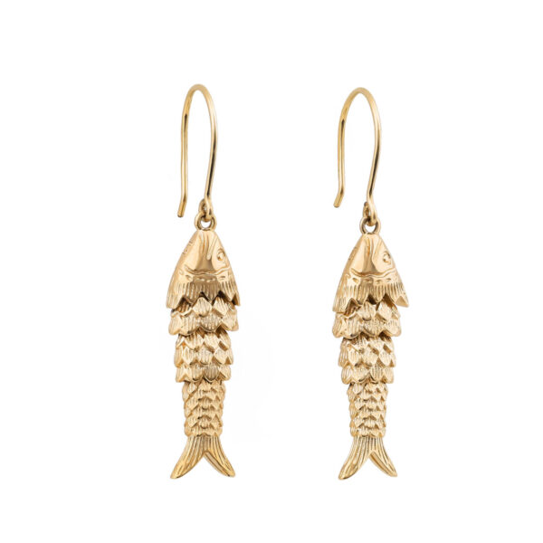 fish earrings made out of 14k gold-filled with round hook and articulated body
