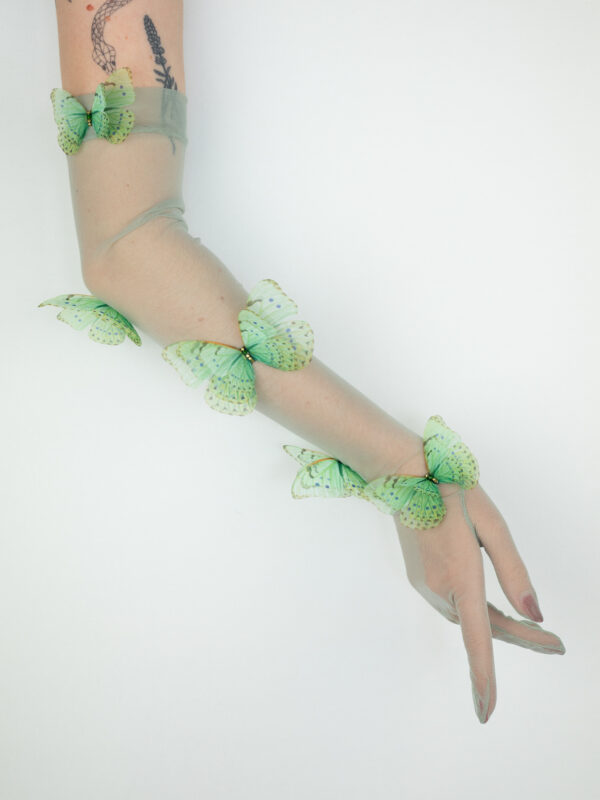 elegant gloves made with italian white mesh and silk butterlies