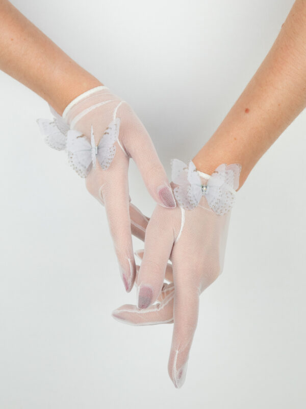 special white women gloves made using italian mesh and silk butterflies oana savu