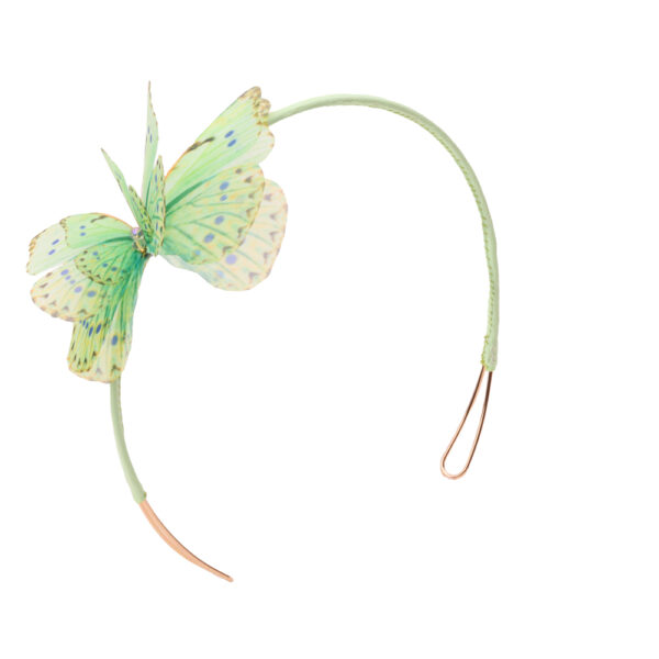 Mint green handmade headband with silk butterfly and swarovski crystals.