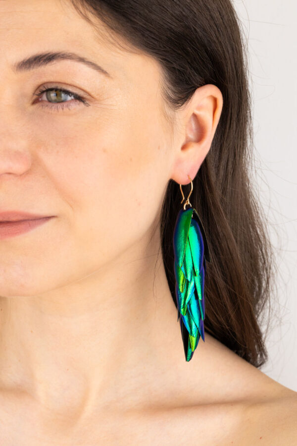 Bold statement beetle scarab wings earrings with gold hooks