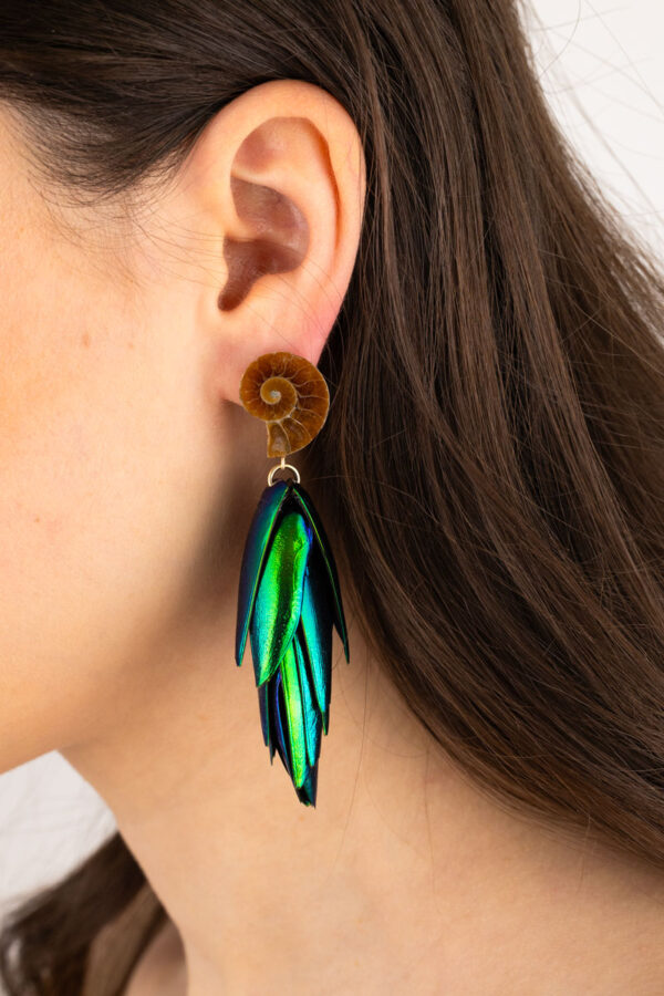 Delicate fossil earrings featuring tiny ammonite shells with earthy tones and beetle, scarab wings