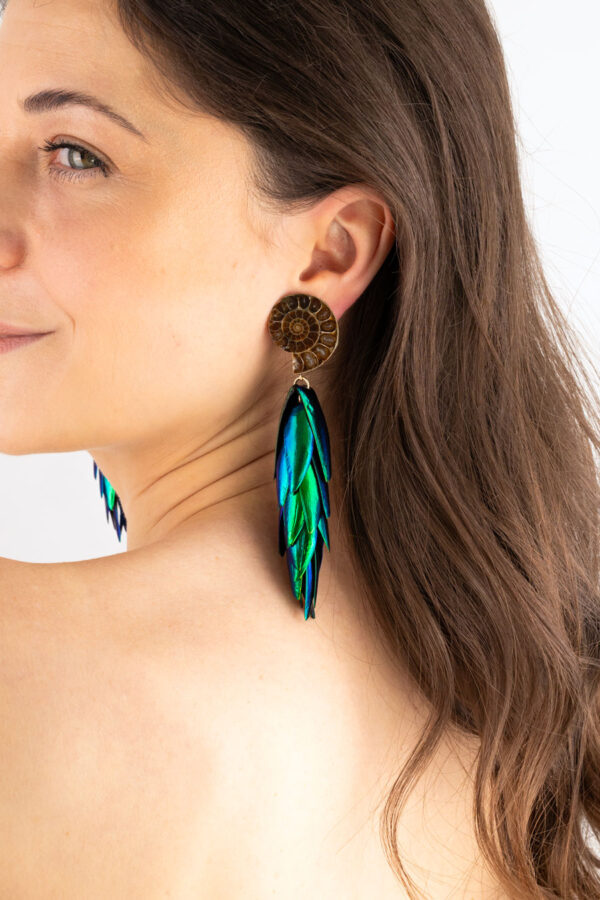 Large ammonite fossil clip earrings showcasing detailed spiral fossils with warm colors and beetle wings