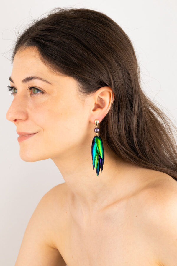 Beetle wings earrings with iridescent peacock pearls and gold accents