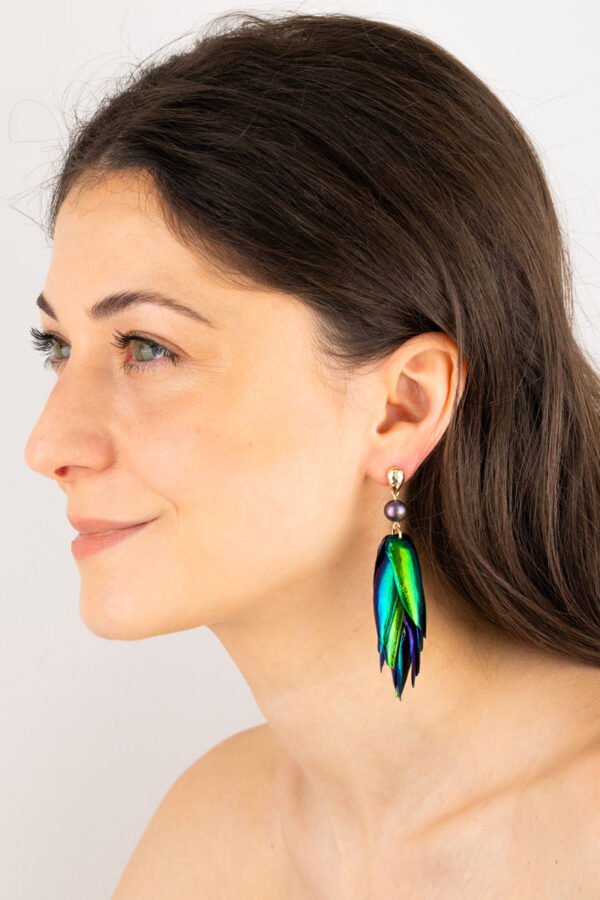 Close-up of peacock pearl beetle wings earrings showing colorful reflections