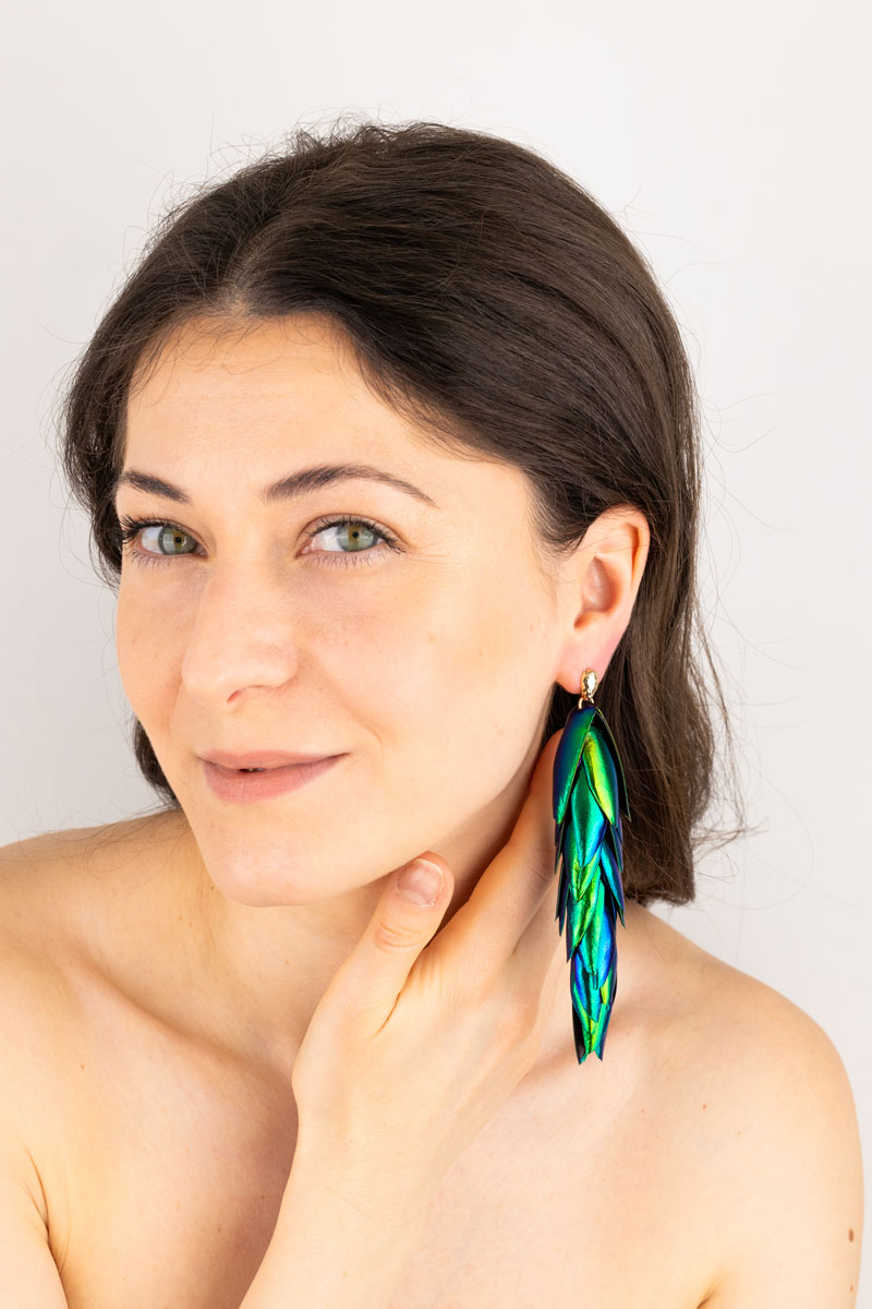 Long statement beetle wings earrings