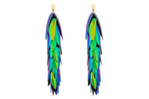 Long statement beetle wings stud earrings in gold filled handcrafted by oana savu