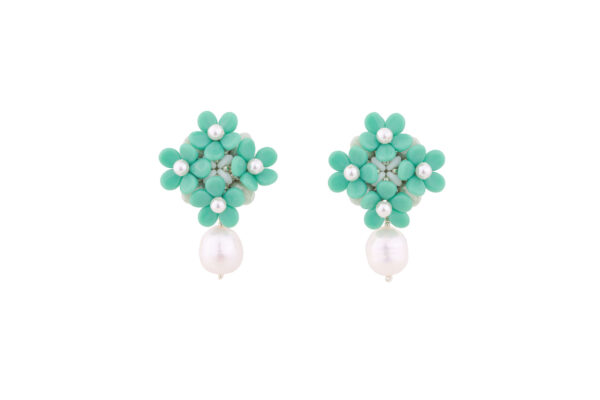 Premium handmade turquoise earrings featuring glass beads and pearls with sterling silver clips, special earrings handmade jewelry by oana savu