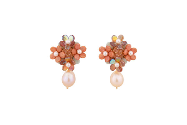 orange earrings with glass beads and natural pearls special handmade jewellery handmade by oana savu ideal jewelry for wedding summer party or any special occasion