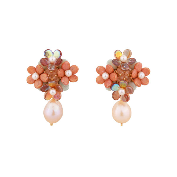 orange earrings with glass beads and natural pearls special handmade jewellery handmade by oana savu ideal jewelry for wedding summer party or any special occasion