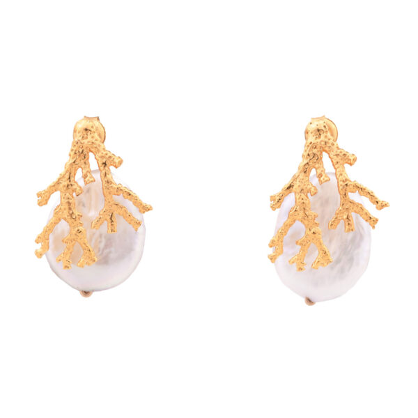 coral branch gold earrings with special pearl, elegant earrings designed by oana savu, earrings that will draw attention due to its special design