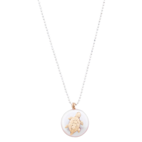 button pearl necklace with 14k turtle charm special and elegant jewellery handmade by oana savu premium handmade jewelry
