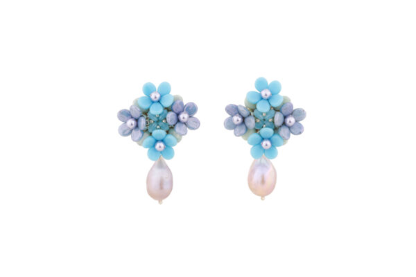 elegant earrings with blue glass beads and natural pearls on sterling silver, perfect jewelry for women colorful and luxurious look earrings handmade by Oana Savu