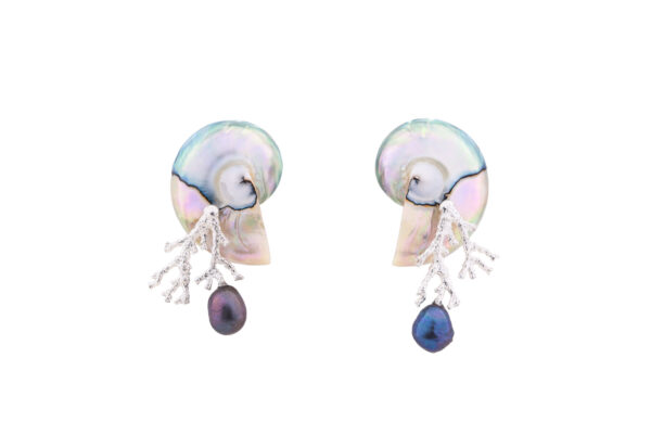Nautilus earrings featuring nautilus core, silver coral, and peacock pearl, a jewelry that will draw attention on you, unique and special earrings design by oana savu, rare earrings combination perfect gift idea, amazing wedding day jewellery, fashion jewellery