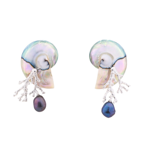 Nautilus earrings featuring nautilus core, silver coral, and peacock pearl, a jewelry that will draw attention on you, unique and special earrings design by oana savu, rare earrings combination perfect gift idea, amazing wedding day jewellery, fashion jewellery