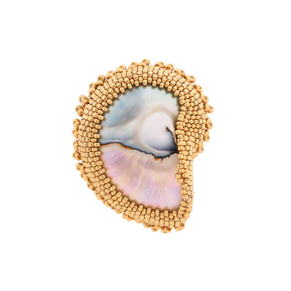 Shop Oana Savu Striking nautilus shell brooch featuring genuine core nautilus centerpiece, hand-set glass beads, and 925 silver base—ocean-inspired handmade jewelry. Perfect for elegant outfits, summer party jewelry, perfect festival jewelry by Oana Savu