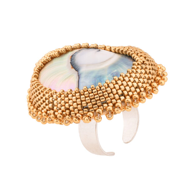 Shop Oana Savu nautilus ring using real nautilus shell, golden glass beads and sterling silver ring base set, truly a special and delicate jewelry to match for everyday outfits or elegant party dresscode, handmade unique ring by oana savu