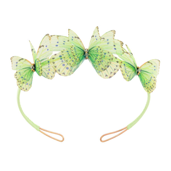 Shop Oana Savu green headband with handmade silk butterflies, perfect hair accessory for bridal events, festivals outfits or summer holidays. Special design by oana savu, this hair accessory can de sold also as b2b wholesale jewelry package